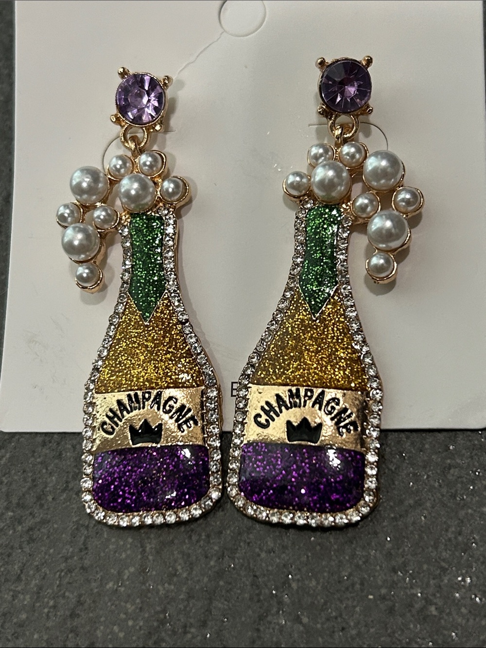 Festive Champagne Bottle Drop Earrings with Pearls - Purple & Gold Mardi Gras!